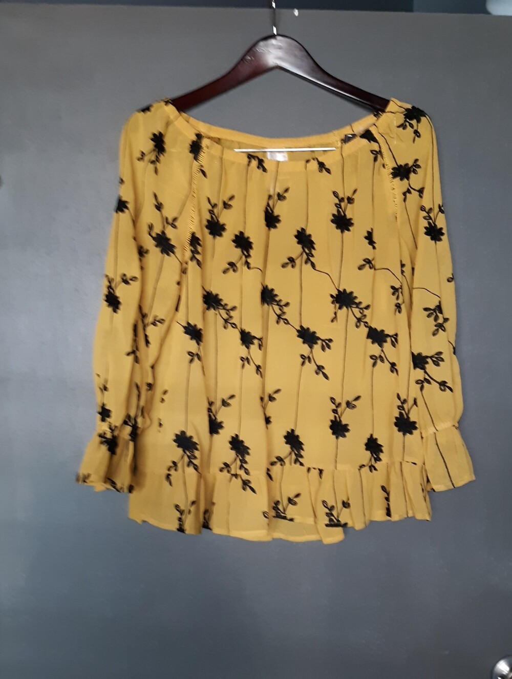 Forgotten Grace Yellow & Black Floral Embroidered Sheer Top LG